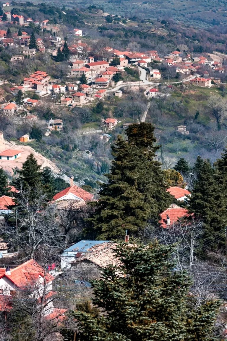 Τα Τρίκαλα Κορινθίας απλωμένα στην πλαγιά, μέσα στα έλατα